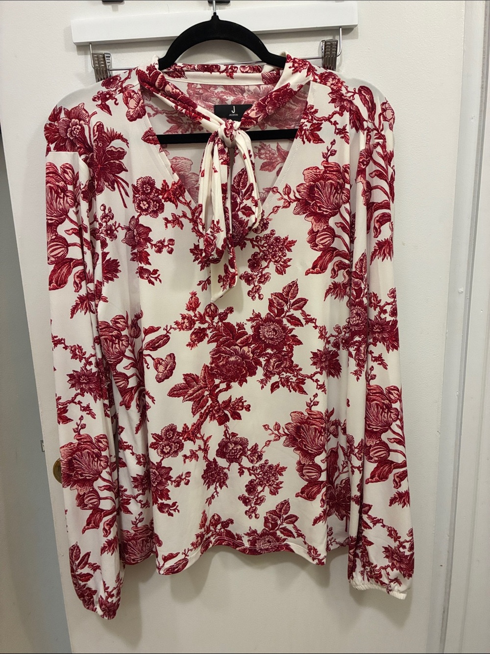 Jason Wu Floral Tie-Neck Long-Sleeve Top - White & Red